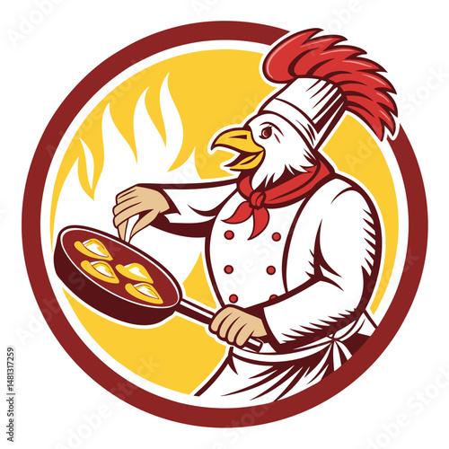 A cartoon chicken chef, wearing a chef's hat, skillfully flips eggs in a circular frying pan.  Bright, cheerful style.