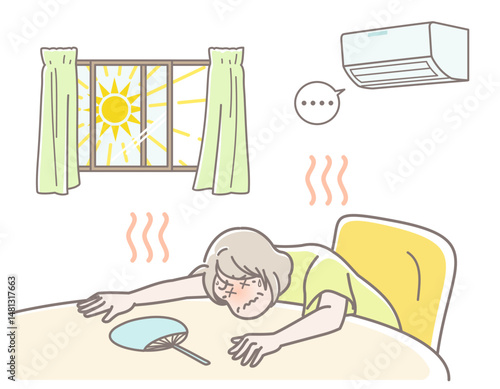 室内で熱中症になったシニア女性のイラスト