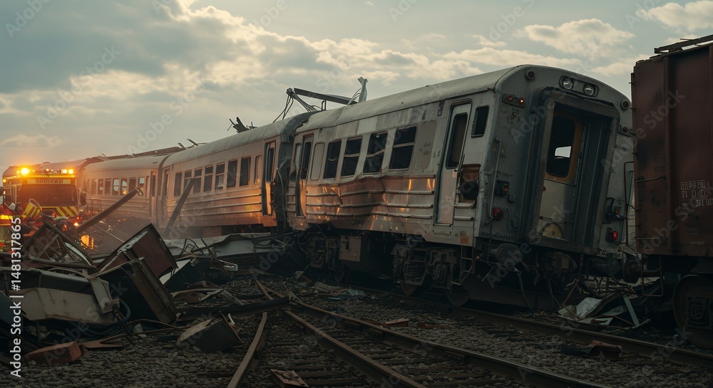 Train crash with emergency vehicle in junkyard Train crash with emergency vehicle in junkyard