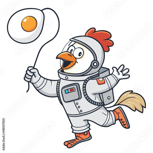 A brave chicken cosmonaut, in a retro-style spacesuit, floats weightlessly within a space station's airlock, gazing towards Earth.