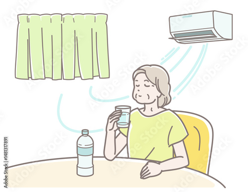 エアコンの効いた室内で水分補給するシニア女性のイラスト