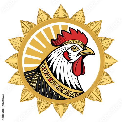 A majestic chicken pharaoh, adorned in gold, sits regally within an ornate, sun-shaped golden frame.  Intricate hieroglyphs decorate the frame.