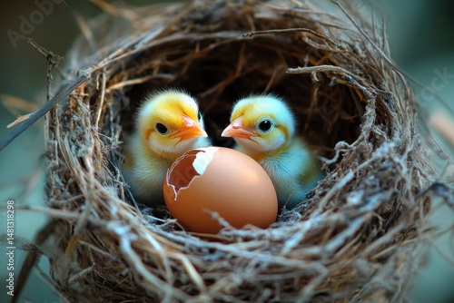 two yellow baby chicks sitting closely inside a brown nest with a partially cracked egg shell between them, evoking warmth and new life