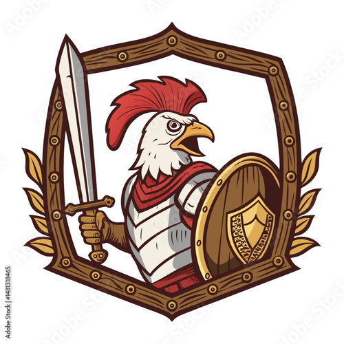 A valiant chicken warrior, clad in medieval armor, bravely wielding a sword and shield, stands defiantly.  The scene is set in a medieval battlefield.