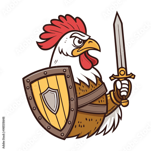 A valiant, feathered chicken warrior, clad in medieval armor, bravely wielding a sword and shield, stands defiantly.