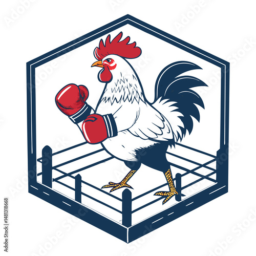 A comical illustration of a chicken wearing oversized boxing gloves, poised inside a miniature boxing ring, ready to fight.