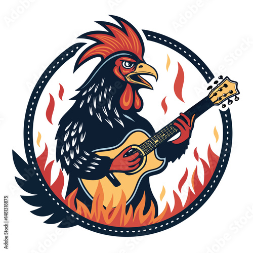 Design a fiery band logo featuring a chicken playing a guitar engulfed in flames,  incorporating a bold, memorable design.