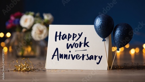 Happy work anniversary card with blue balloons and flowers in background celebration scene