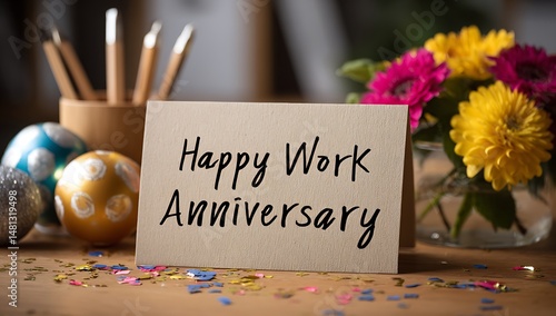 A work anniversary card surrounded by flowers, pencils, and decorative balls on a table