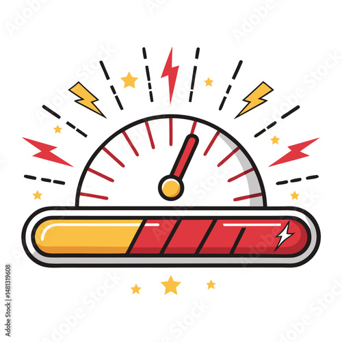 Design a vibrant combo meter UI bar displaying energy levels, featuring red and white energy sparks.  Illustrate a sleek, futuristic design.