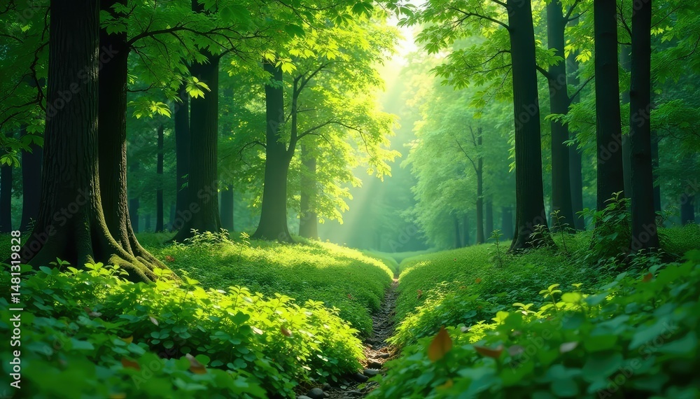 Fototapeta premium Lush green forest background, perfect for nature themes , sunlight, trees, landscape