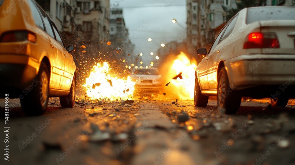 Obraz premium Explosive Urban Scene with Vehicles in Motion Amidst Chaos and Destruction in a City Environment