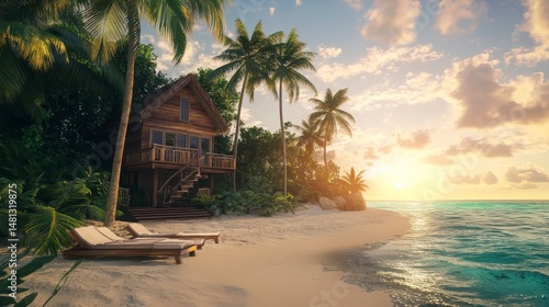 Tropical Beach House Sunset Wooden Cabin On Sandy Shore With Palm Trees