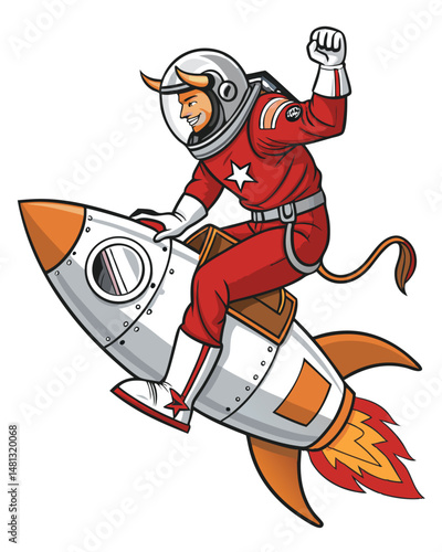 A dashing cowboy astronaut bravely rides a fiery rocket shaped like a bucking bronco, soaring through space.