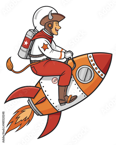 A dashing cowboy astronaut bravely rides a fiery rocket, shaped like a bucking bronco, into the cosmos.