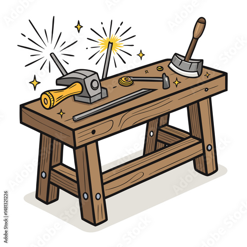 Design a crafting bench icon depicting woodworking tools, sparks, and wood grain textures;  stylized for a digital asset.