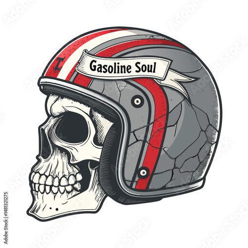 A cracked, weathered skull helmet, dripping gasoline, with a tattered banner reading "Gasoline Soul" flapping in the wind; dark, gritty, post-apocalyptic aesthetic.