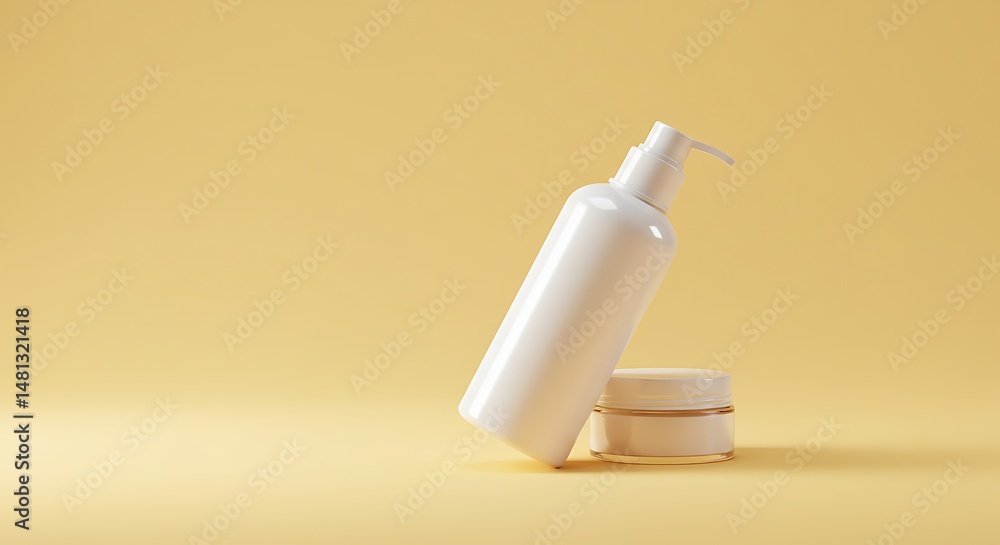 Elegant white cosmetic bottle and jar on a yellow background Elegant white cosmetic bottle and jar on a yellow background