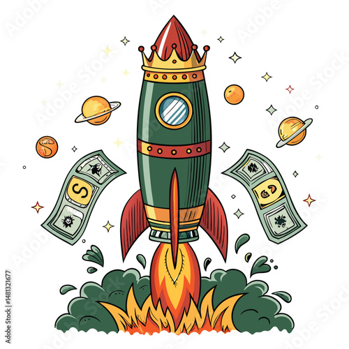 A cartoon rocket wearing a golden crown, surrounded by stacks of money and flames, against a vibrant background.