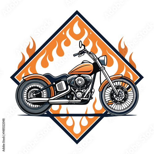 A custom chopper motorcycle dramatically rendered within a diamond-shaped flame badge, vibrant colors, detailed engine, chrome accents.