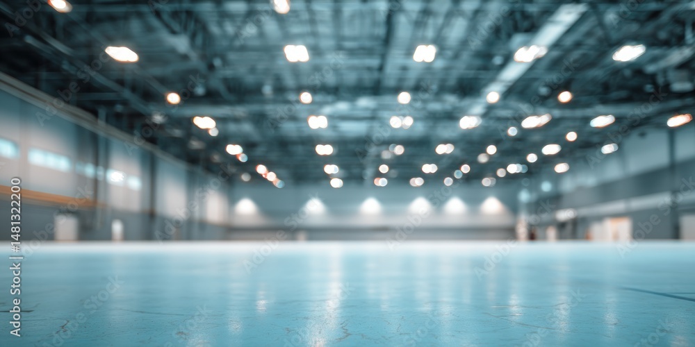 Fototapeta premium A large empty warehouse with a shiny floor and many lights on the ceiling in perspective