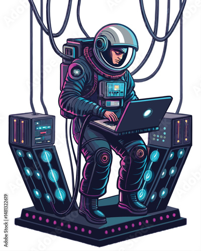 A cyberpunk astronaut, neon-lit, skillfully hacks a futuristic, levitating terminal in a dimly lit space station.  Detailed textures, intricate circuitry.