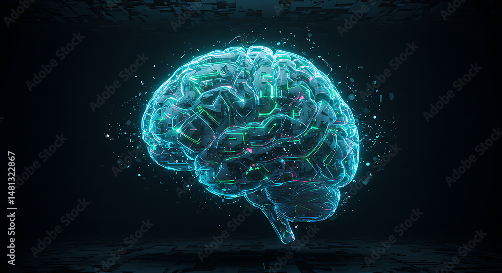 Obraz premium Glowing Cyan Digital Brain with Circuitry Detail