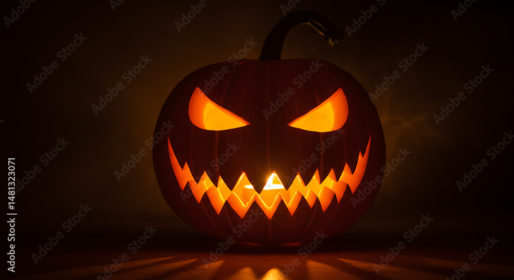 Fototapeta premium Glowing Jack OLantern with Spooky Carved Face in Dim Lighting