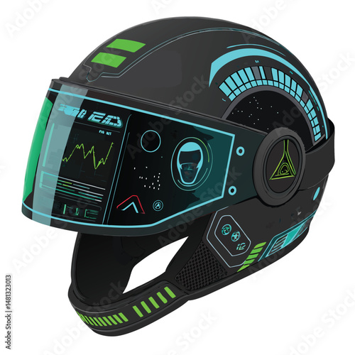 Create a dark, cyberpunk-style visor UI display with a neon green HUD overlay on a black background.  High detail, sharp focus.