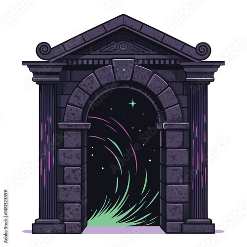 Render a dark, ominous portal gateway shimmering with vibrant glitch particles and subtly integrated Pi symbol.  Emphasis on digital distortion and otherworldly feel.