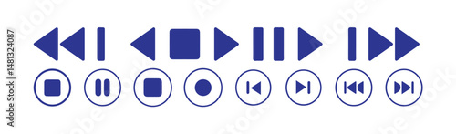 Media player icon set. Video and audio collection. Multimedia symbol.Play, stop, pause and rewind elements on white background. Video and audio buttons. Website icons. Vector illustration eps 10.