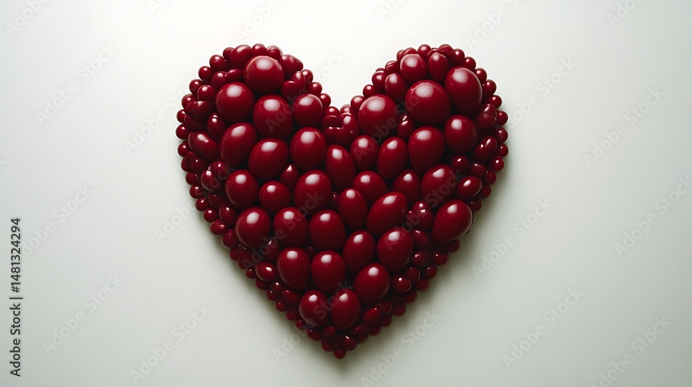 Heart-shaped arrangement of many small, red, glossy objects Heart-shaped arrangement of many small, red, glossy objects