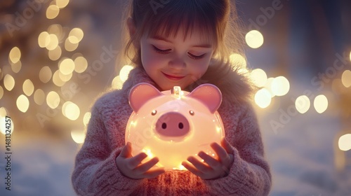 Young Girl Holds Illuminated Piggy Bank Amidst Winter Snow and Festive Lights