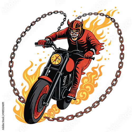 A rebellious devil biker, clad in leather, performs a daring wheelie on a powerful motorcycle with flaming tires, showcasing intense speed and skill.