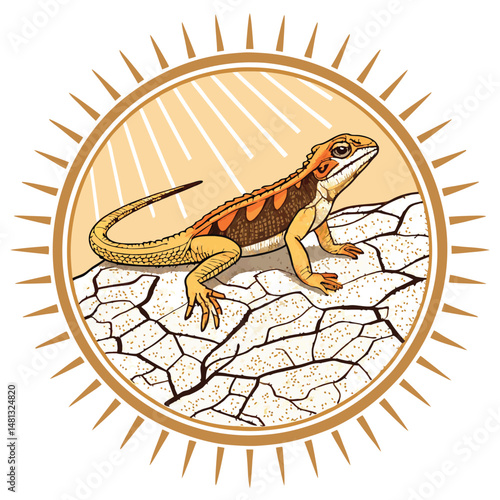 A desert lizard basking on a cracked, sun-baked clay plate, surrounded by arid desert landscape.  Focus on texture and detail.