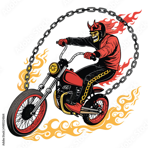 A rebellious devil biker, clad in black leather, performs a daring wheelie on a powerful motorcycle with tires engulfed in vibrant flames.