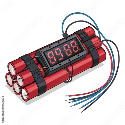 Render a digital timer bomb with pixelated numbers counting down, intricate wiring, and a ticking clock mechanism.  Focus on retro 8-bit style.