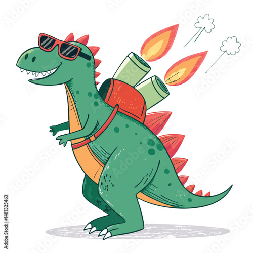 A stylish Tyrannosaurus Rex sporting aviator sunglasses launches miniature rockets from a hidden base, comical and vibrant.