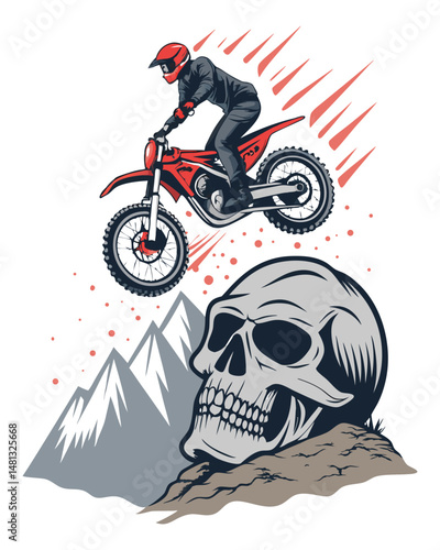 A dirt biker executes a daring jump over Skull Mountain's challenging Du trail, showcasing extreme off-road skills and breathtaking scenery.