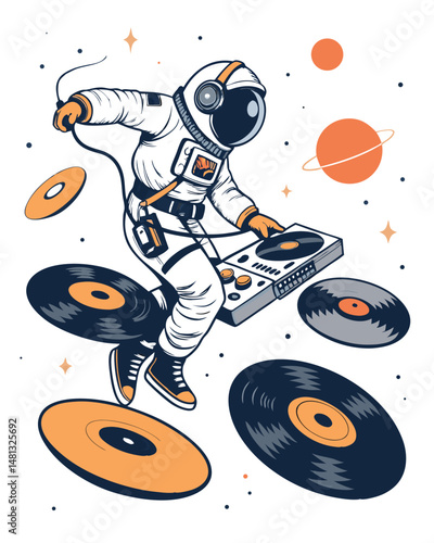 A futuristic astronaut DJ expertly mixes tracks amidst floating cosmic debris in the vast expanse of space.  Their helmet reflects nebulae.