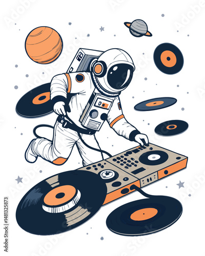 A futuristic astronaut DJ mixes music amidst floating cosmic debris in zero gravity.  Vibrant nebula backdrop.