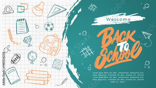 Back to School Book Paper Doodles Illustration. Back to School background with Book Paper and school supplies Doodles. Back to School Banner.