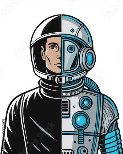 A meticulously detailed portrait of a dual-faced astronaut, one side human, the other robotic, exhibiting a blend of organic and metallic textures.  Blending seamlessly.