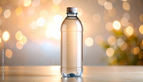 Close Up of Transparent PET Water Bottle with Silver Cap Resting on Wooden Surface Against a Bokeh Lights Background
