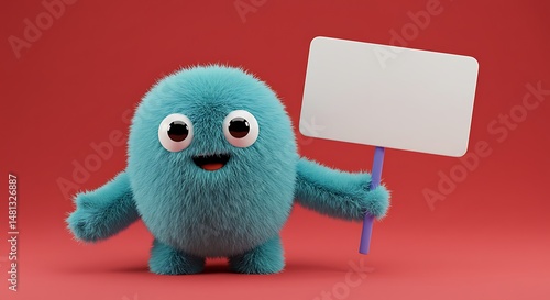 Blue Fluffy Monster Holds Sign