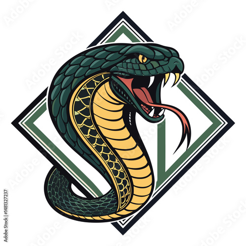 A majestic cobra, fangs bared, coiled aggressively within a geometric diamond-shaped frame, rendered in exquisite detail.