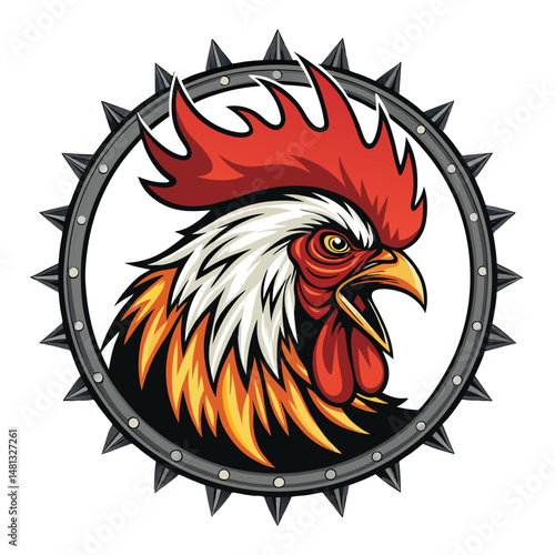 A fiery rooster, feathers ablaze with internal flames, stands proudly, showcasing intense detail and vibrant colors within a stylized, possibly spherical, enclosure.