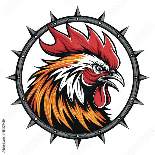 A fiery rooster, plumage ablaze with internal flames, stands proudly within a stylized, geometric 'sp' shape, showcasing intense detail and vibrant color.