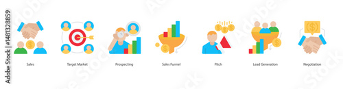 Sales Process banner web icon sheet vector illustration concept with icon of  sales, target market, prospecting, sales funnel, pitch, lead generation, negotiation