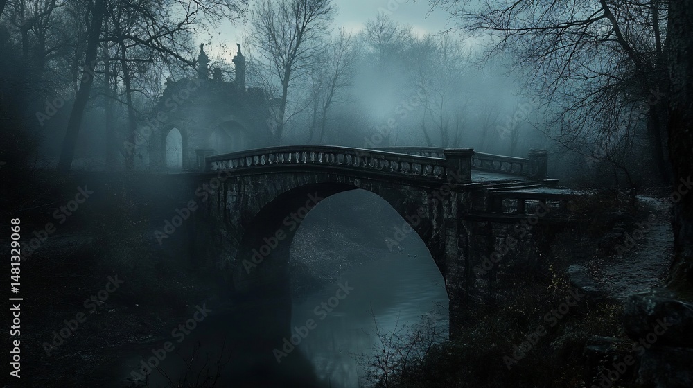 Fototapeta premium Eerie Stone Bridge in Foggy Forest with Dark Moody Atmosphere at Twilight